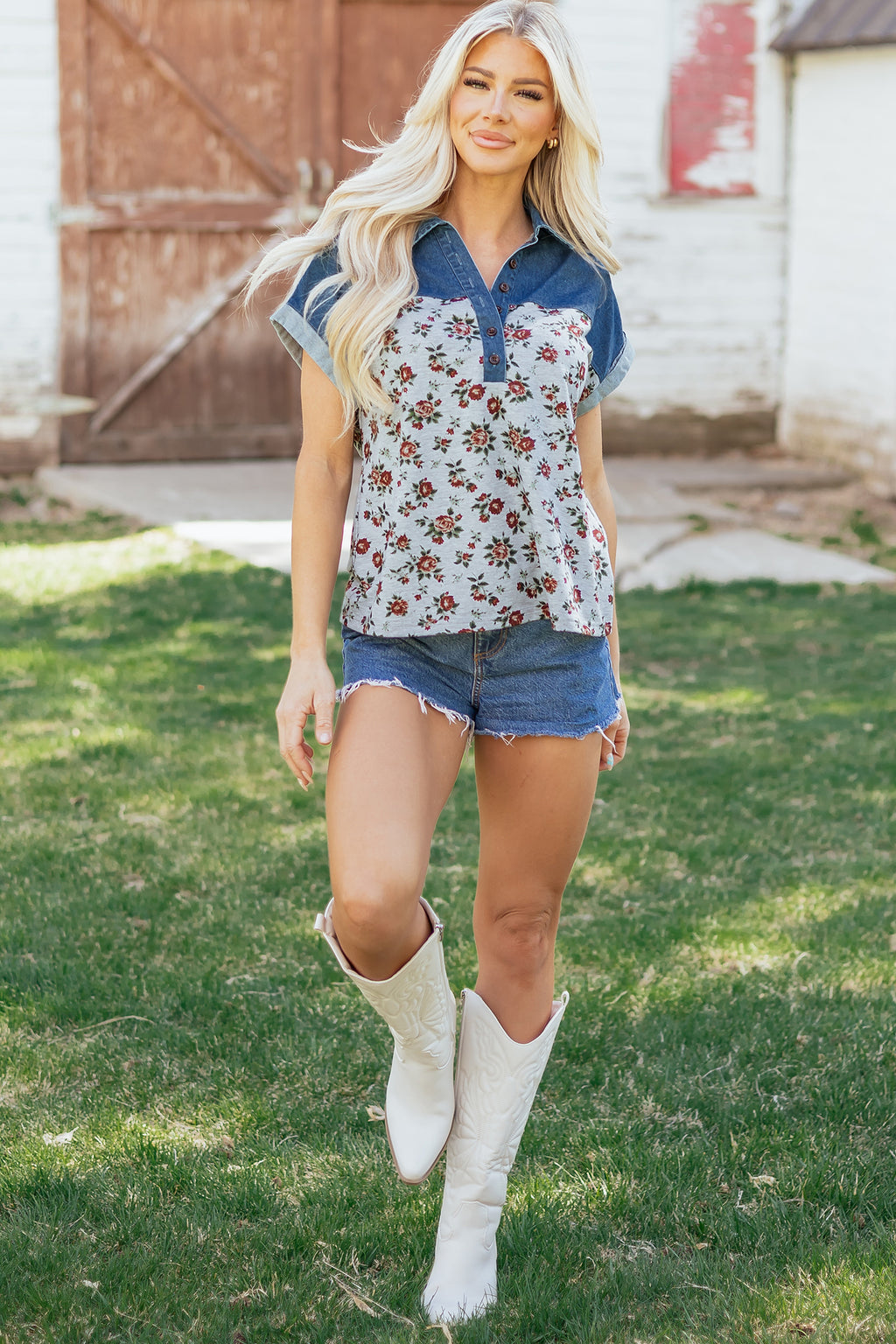 Floral Print Denim Buttoned Polo Collar Top