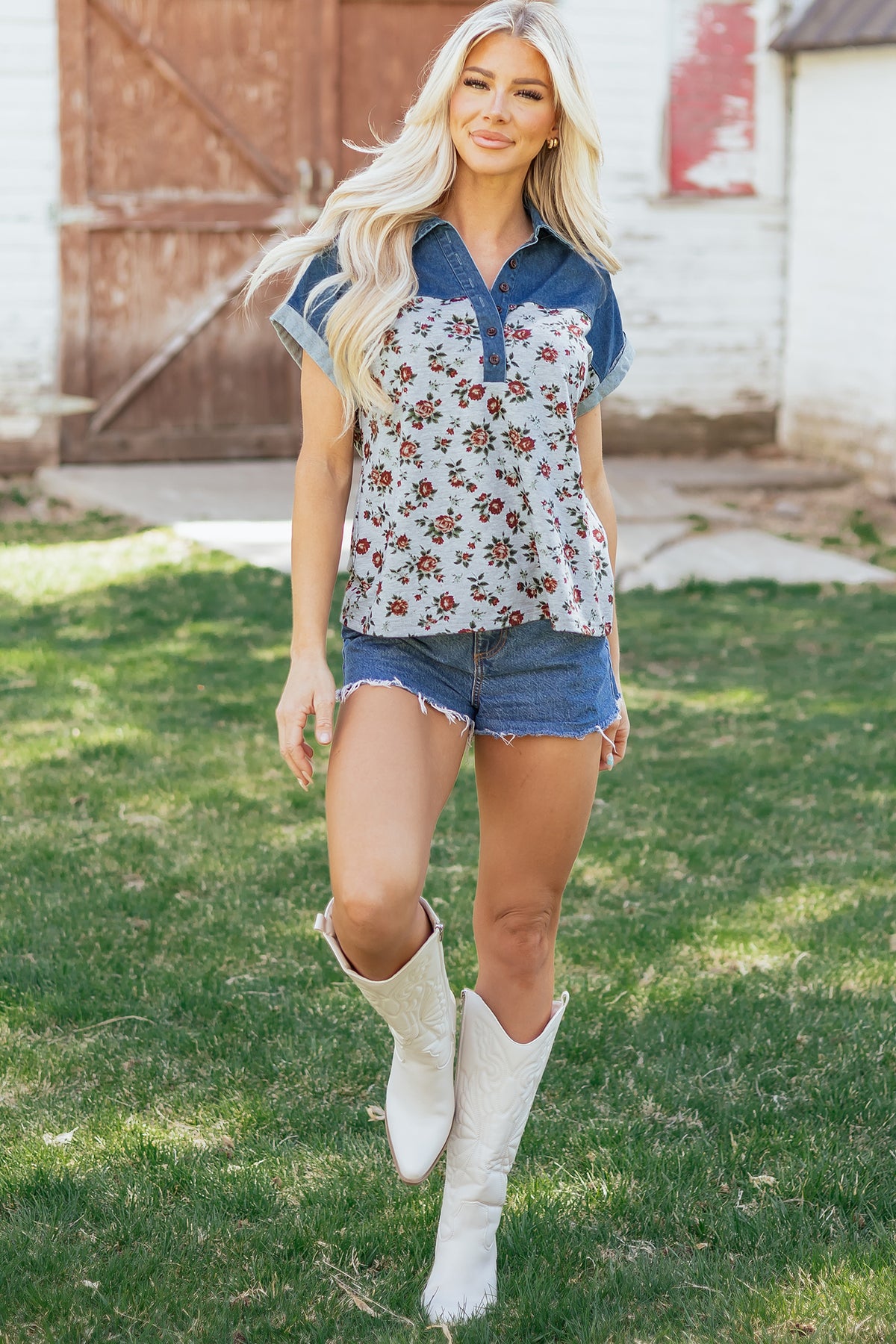 Floral Print Denim Buttoned Polo Collar Top