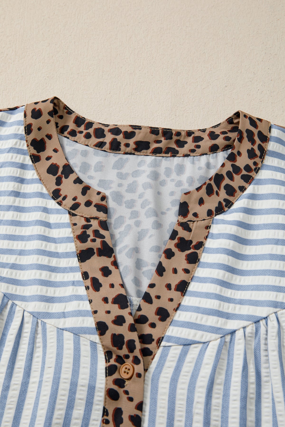 Blue Stripe Leopard Button Down Half Sleeve Shirt