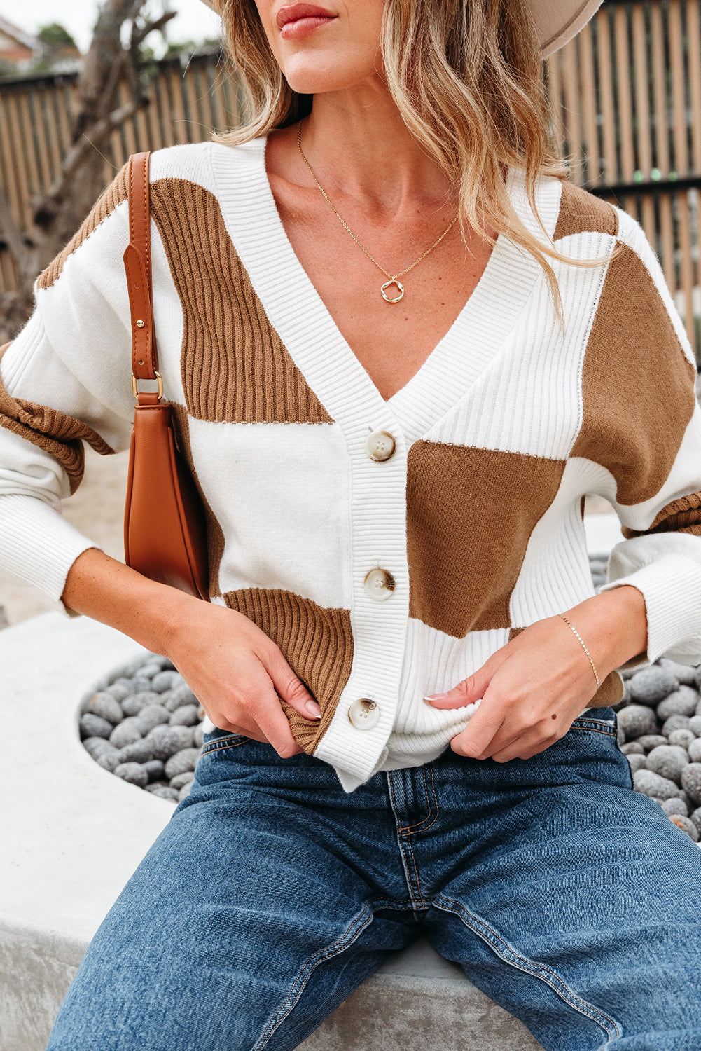 Khaki Checkered Sweater Cardigan
