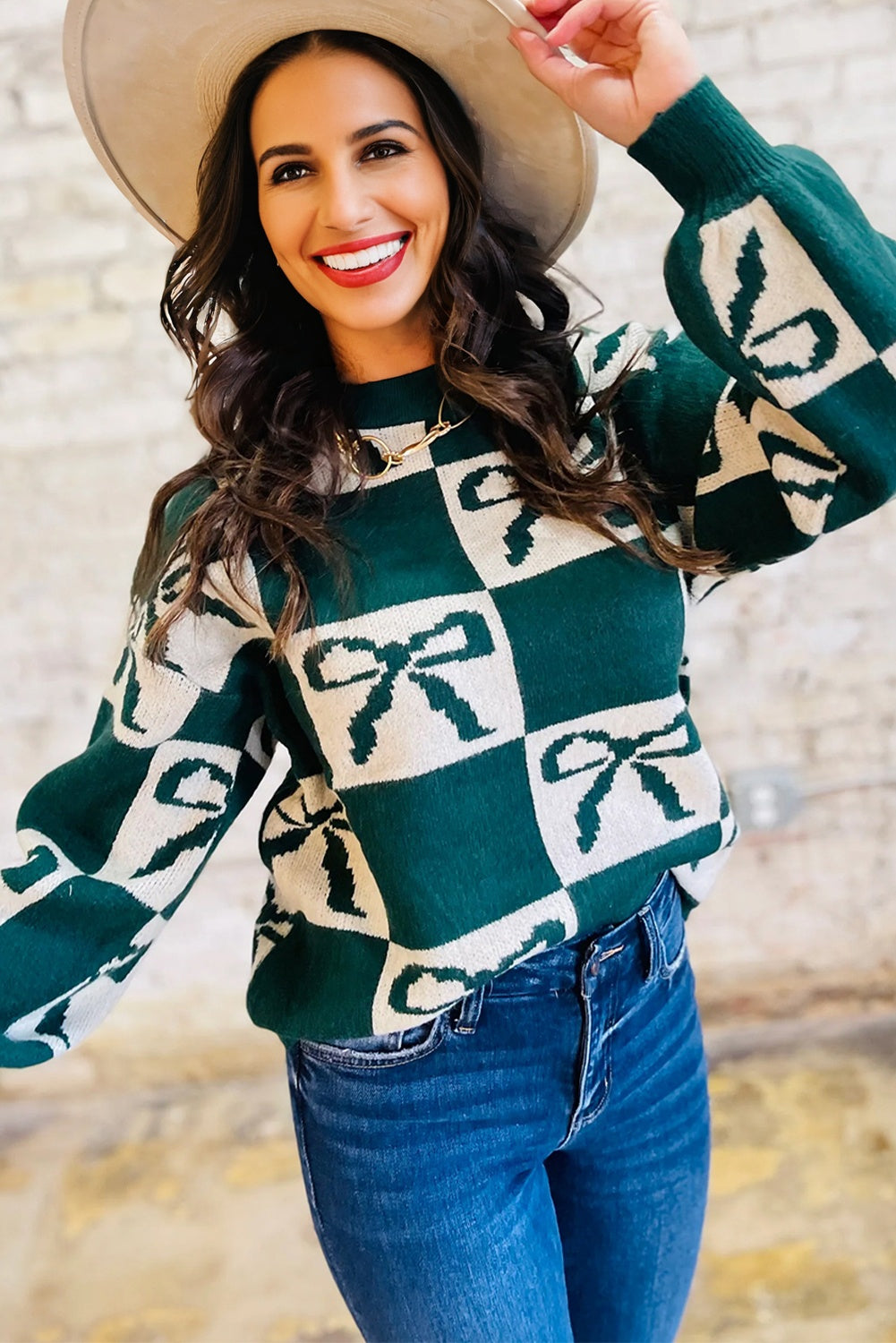 Green Checkered Bow Casual Sweater