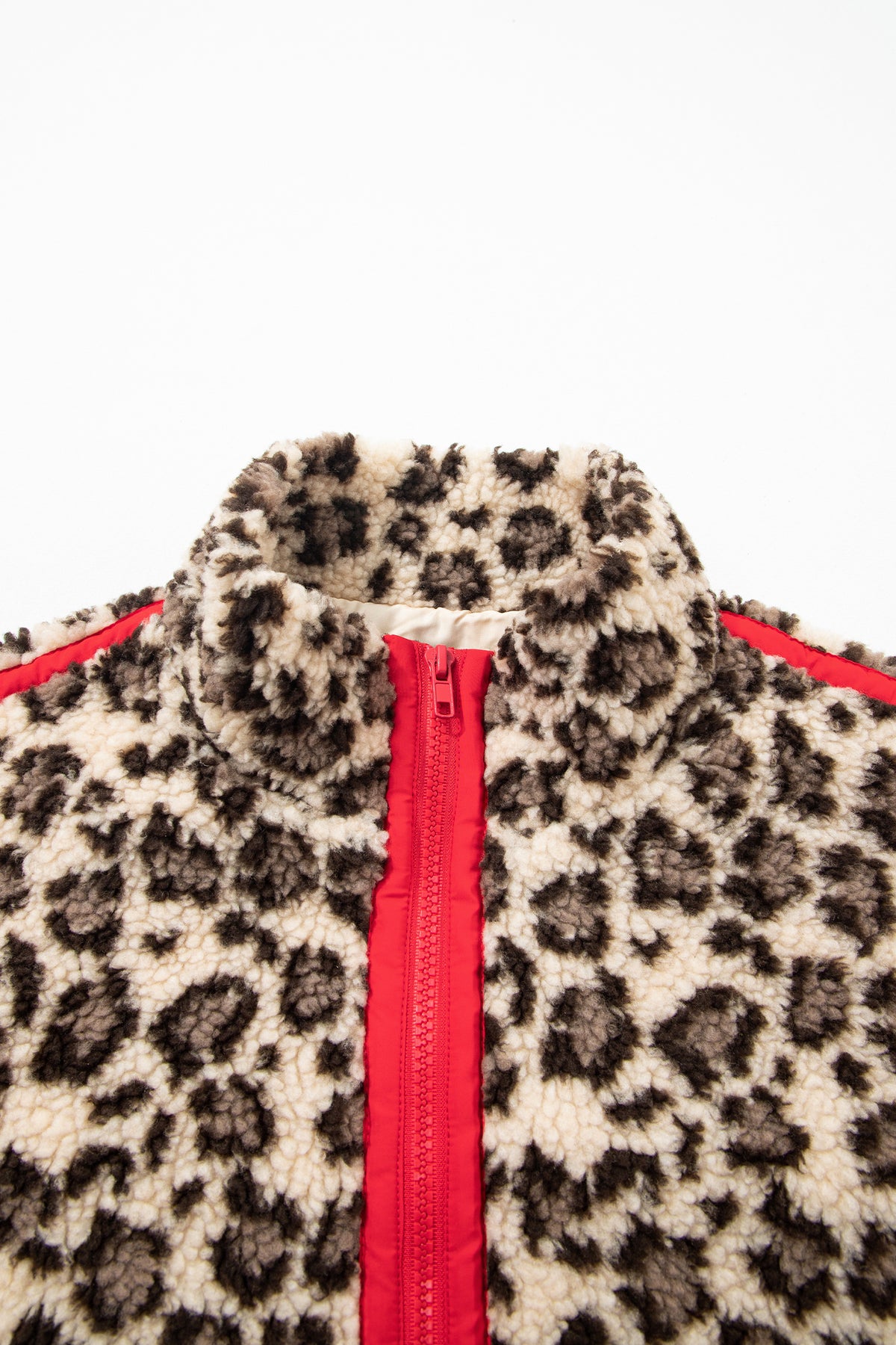 Leopard Print Zip-Up Red Accents Pockets Sweatshirt
