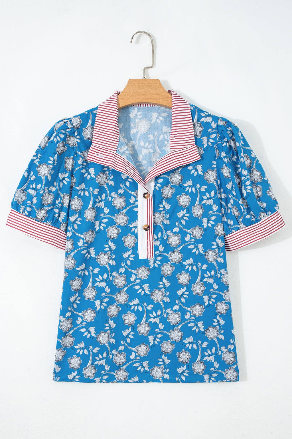 Blue Retro Floral Print Blouse