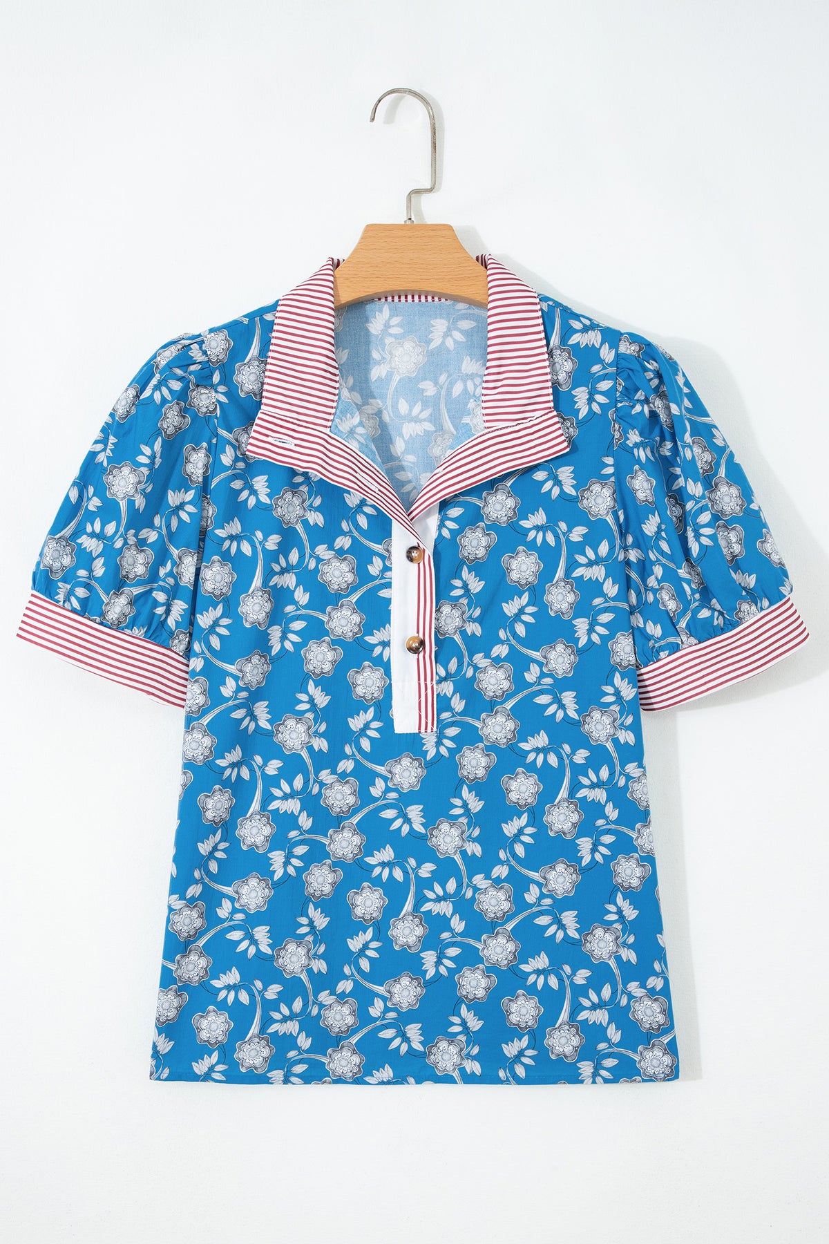 Blue Retro Floral Print Blouse