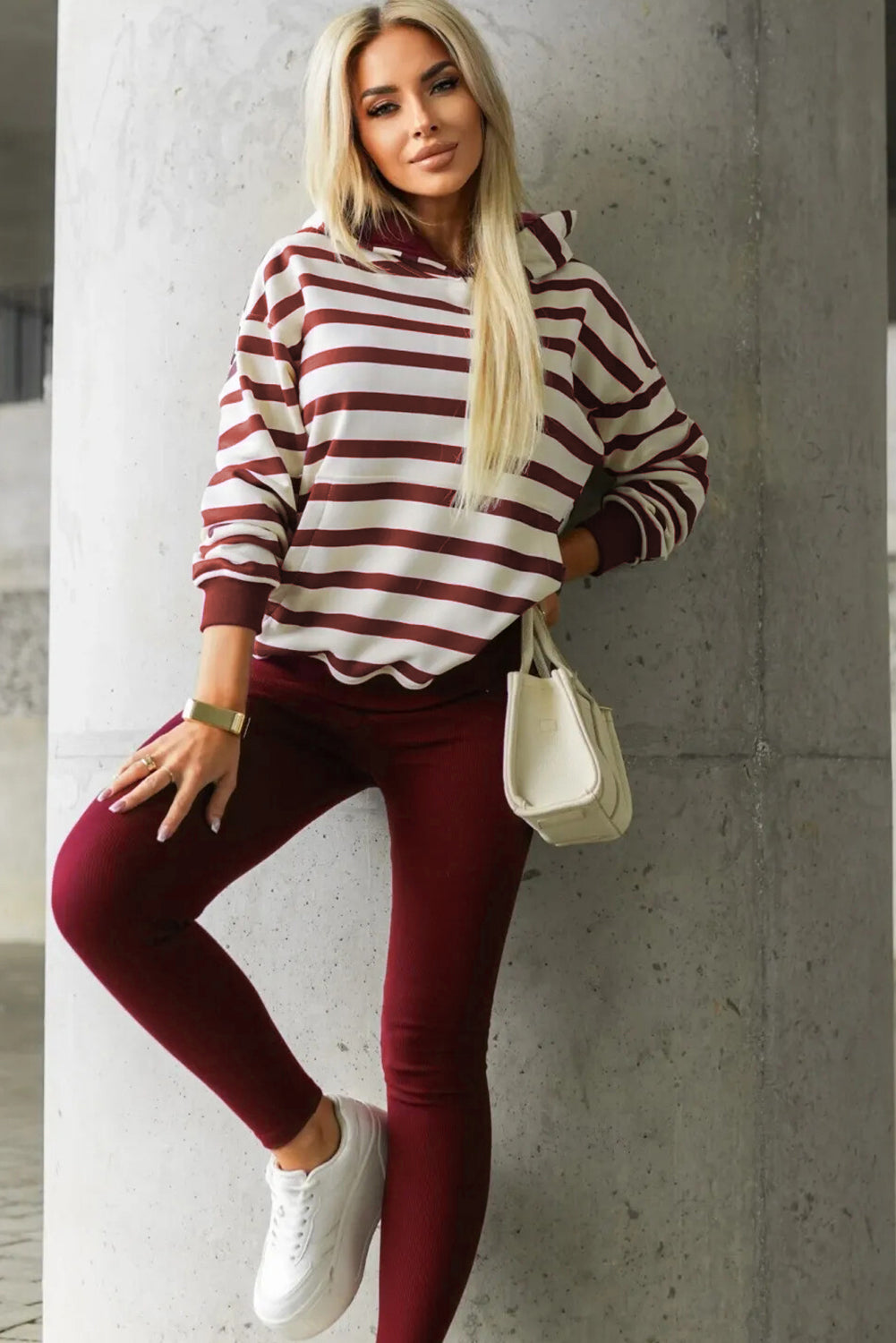 Red Stripe Pullover Hoodie Ribbed Solid Pants 2pcs Set Outfit