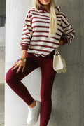 Red Stripe Pullover Hoodie Ribbed Solid Pants 2pcs Set Outfit