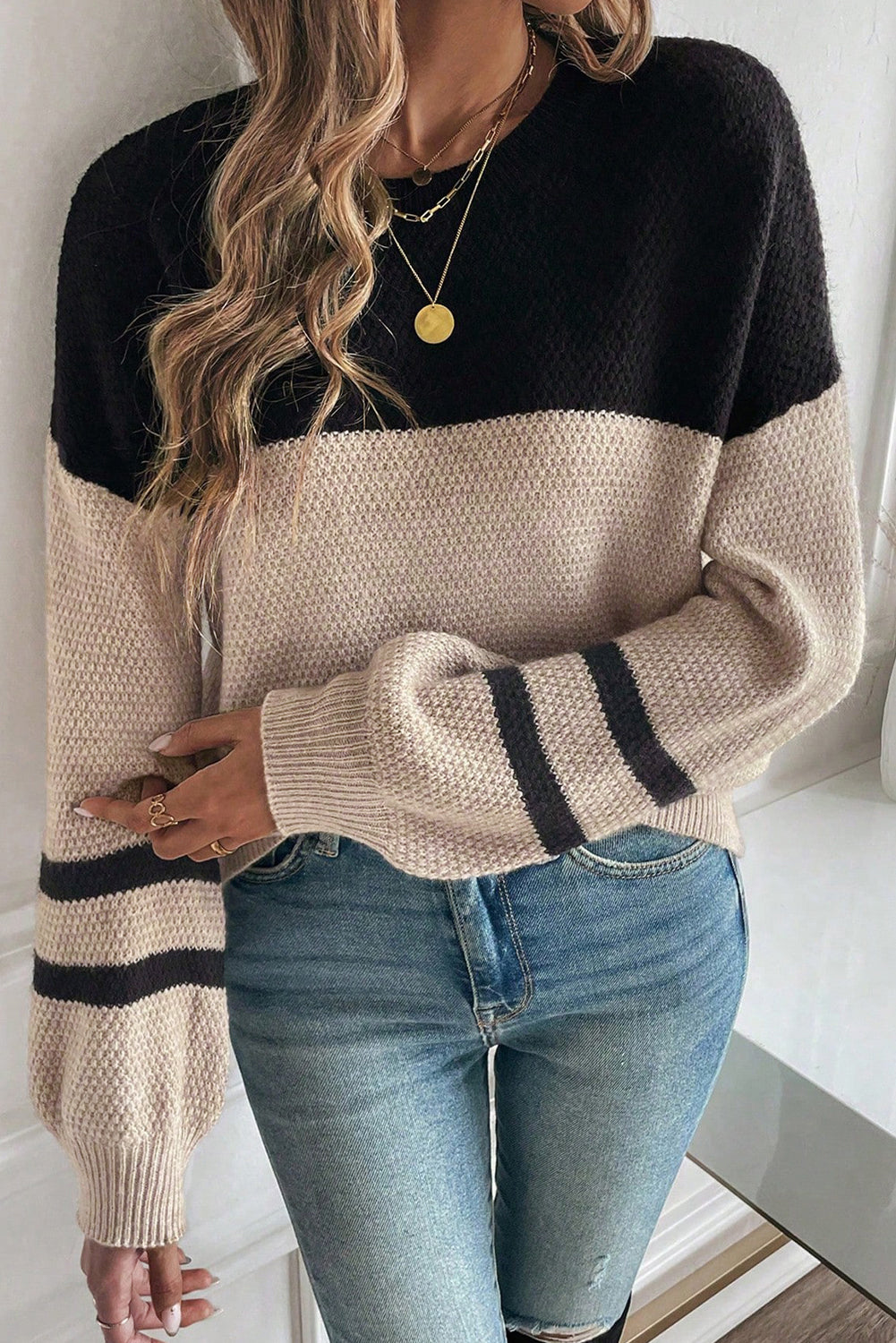 Parchment Color Block Knit Striped Sleeve Detail Casual Sweater