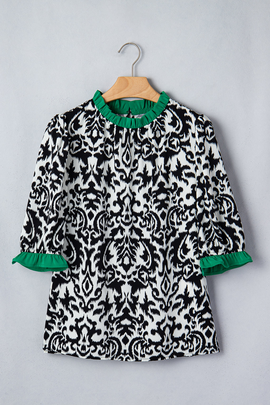 Green Damask Print Ruffled Blouse