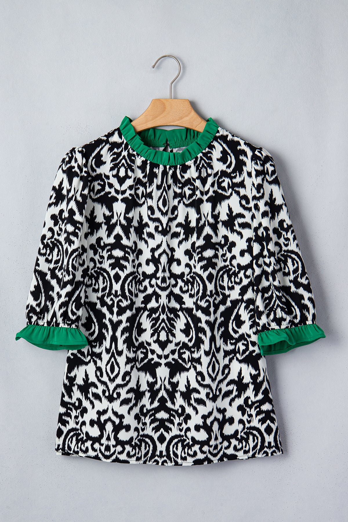Green Damask Print Ruffled Blouse