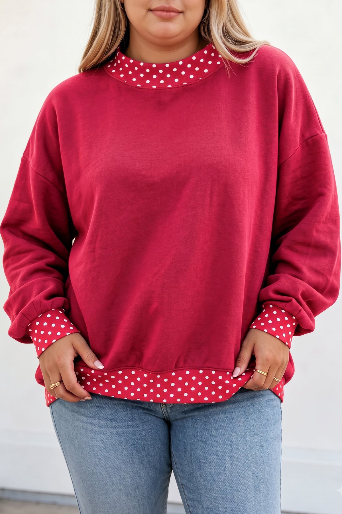 Dirty blue Polka Dot Patchwork Round Neck Plus Size Sweatshirt