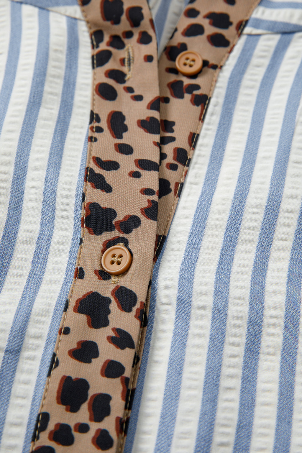 Blue Stripe Leopard Button Down Half Sleeve Shirt
