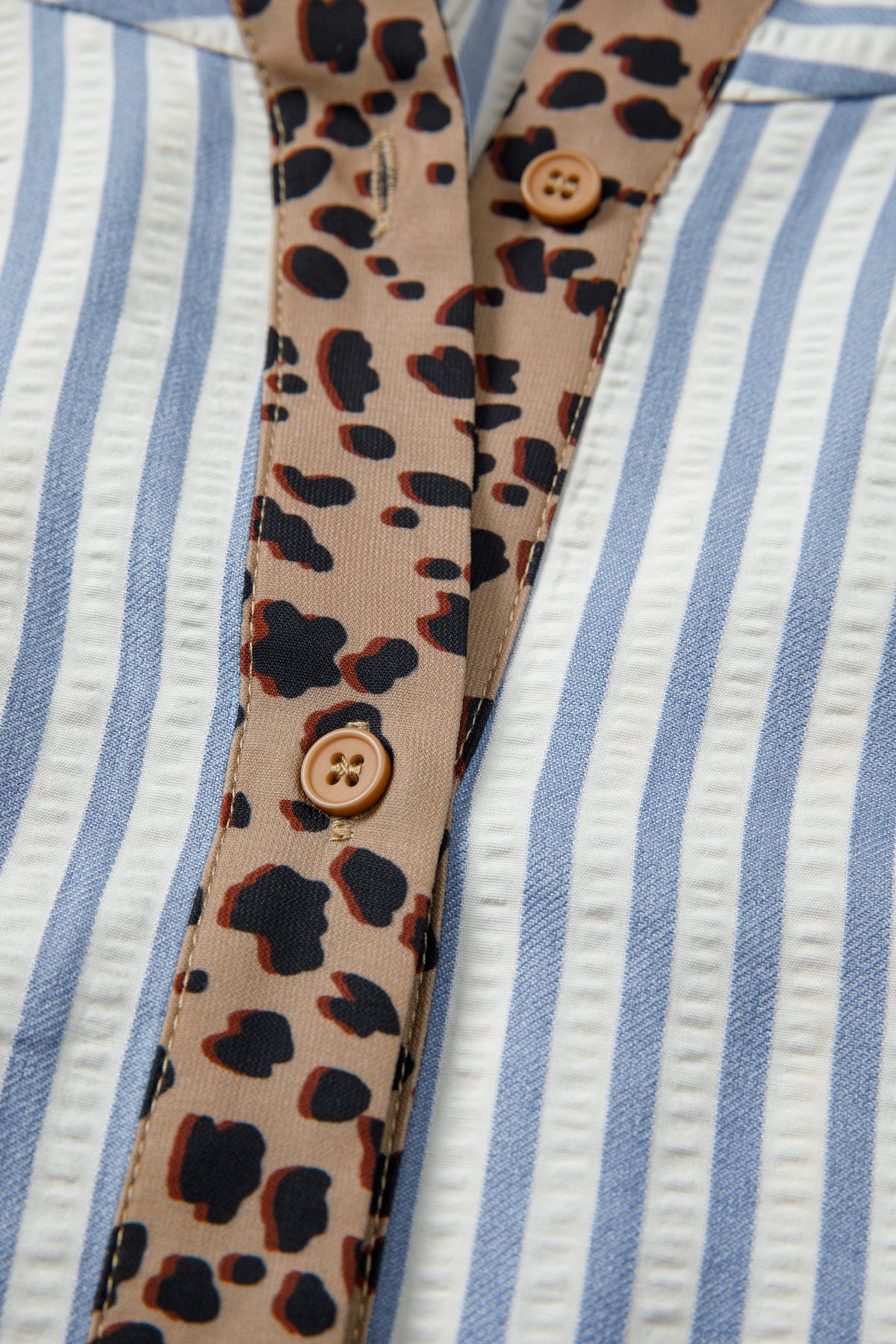 Blue Stripe Leopard Button Down Half Sleeve Shirt