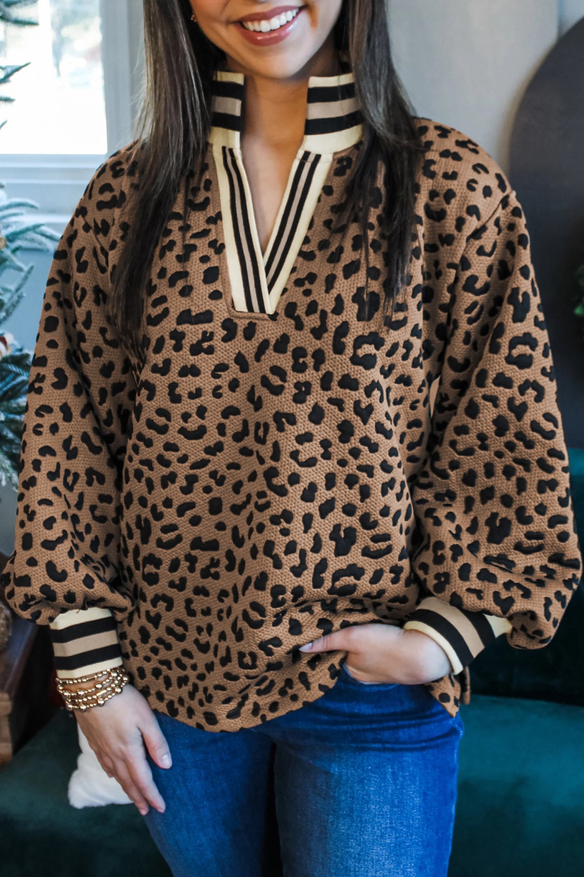 Brown Leopard Print Long Sleeve Pullover