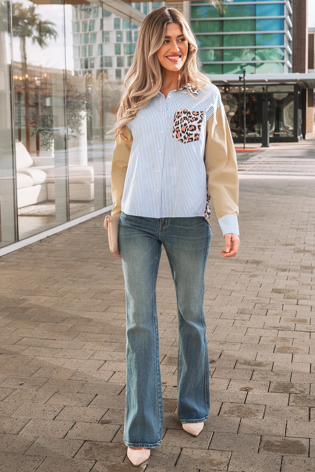Sky Blue Stripe Leopard Patchwork Shirt