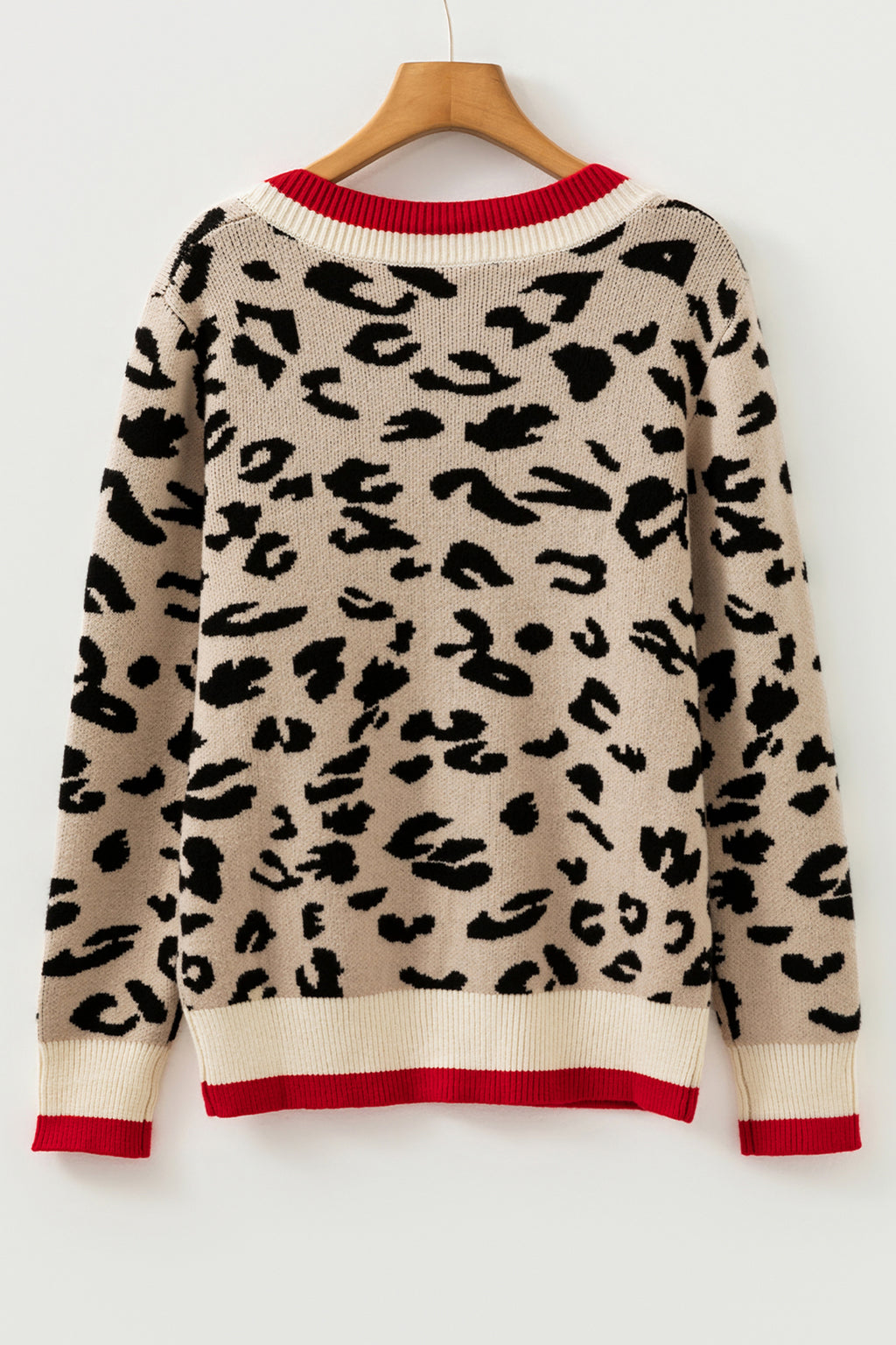 Khaki Leopard V-Neck Contrast Rib Knitted Sweater