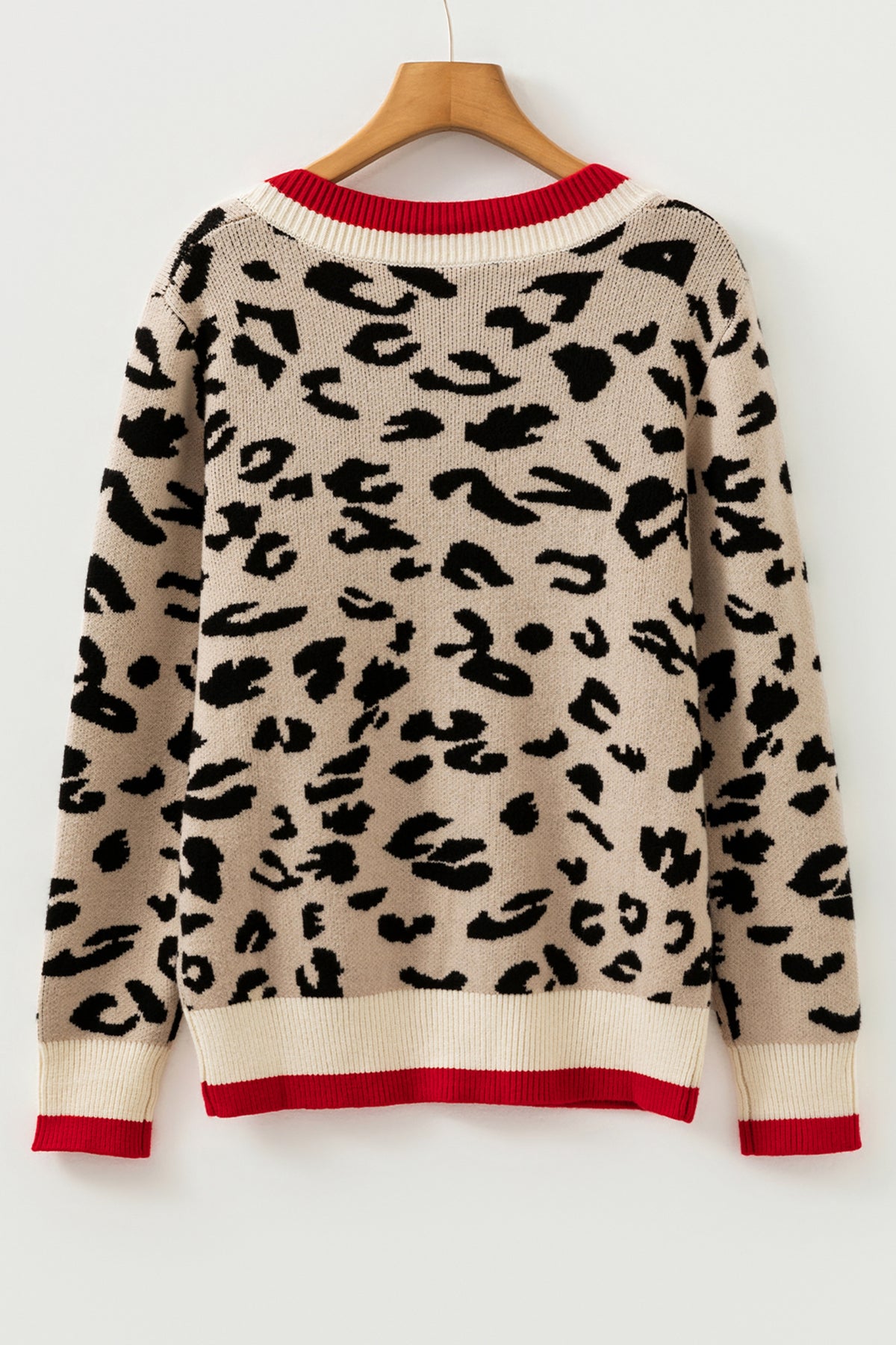Khaki Leopard V-Neck Contrast Rib Knitted Sweater