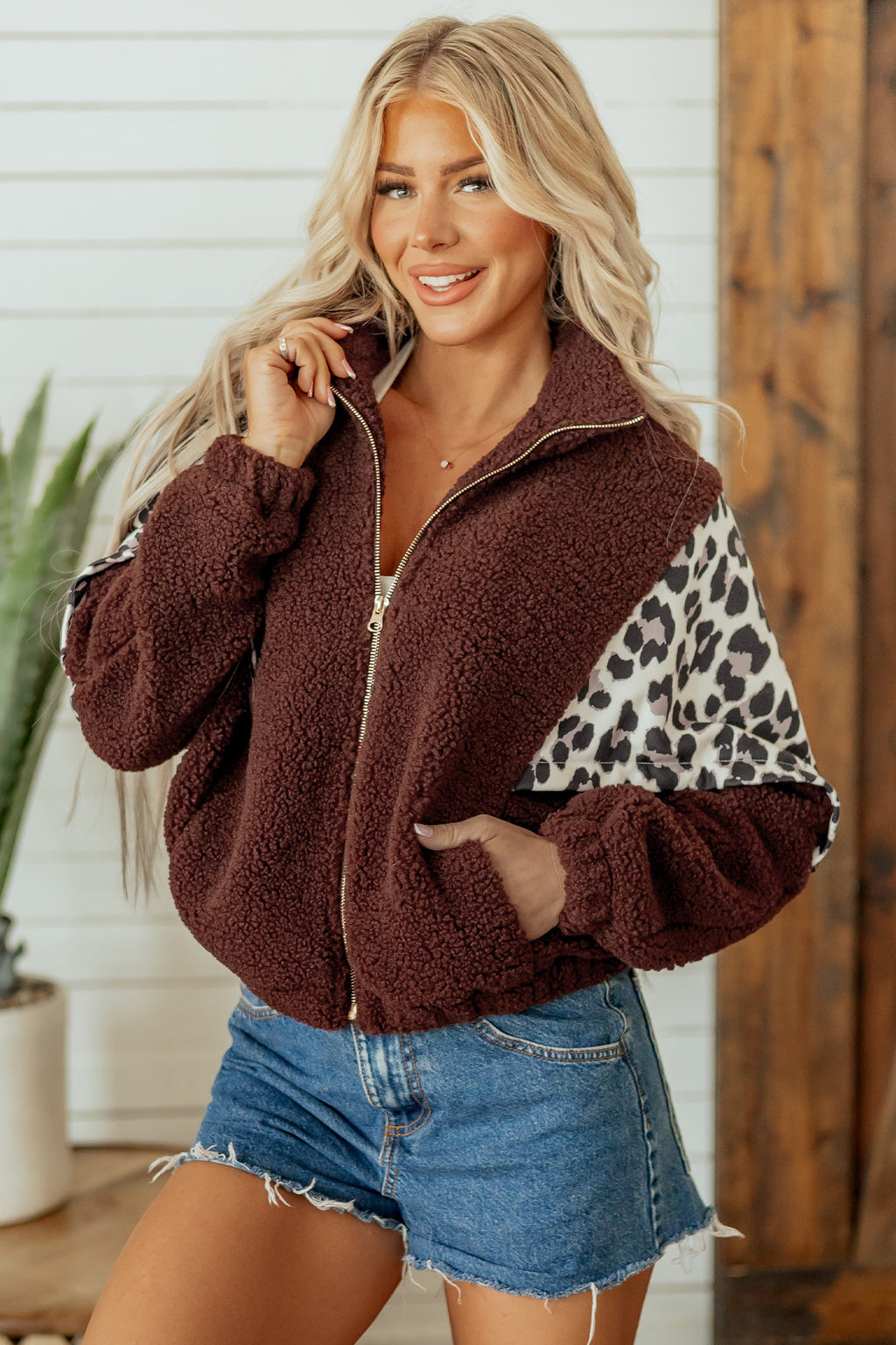 Coffee Leopard Western Style Zip-up Collar Jacket