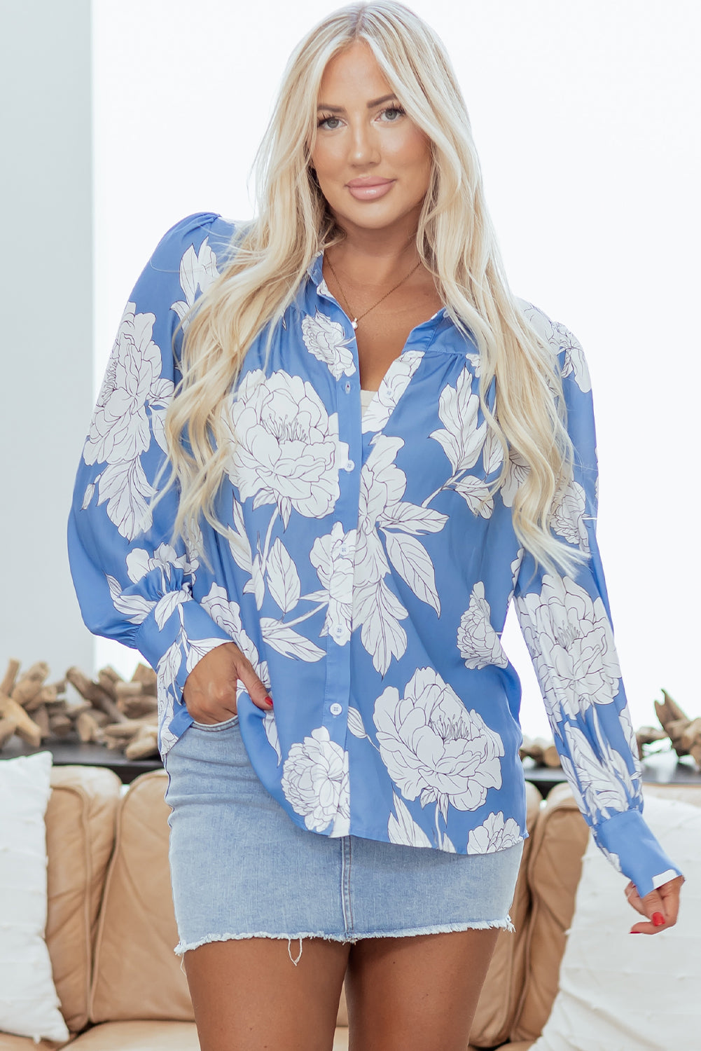 Sky Blue Floral Print Button Up Shirt