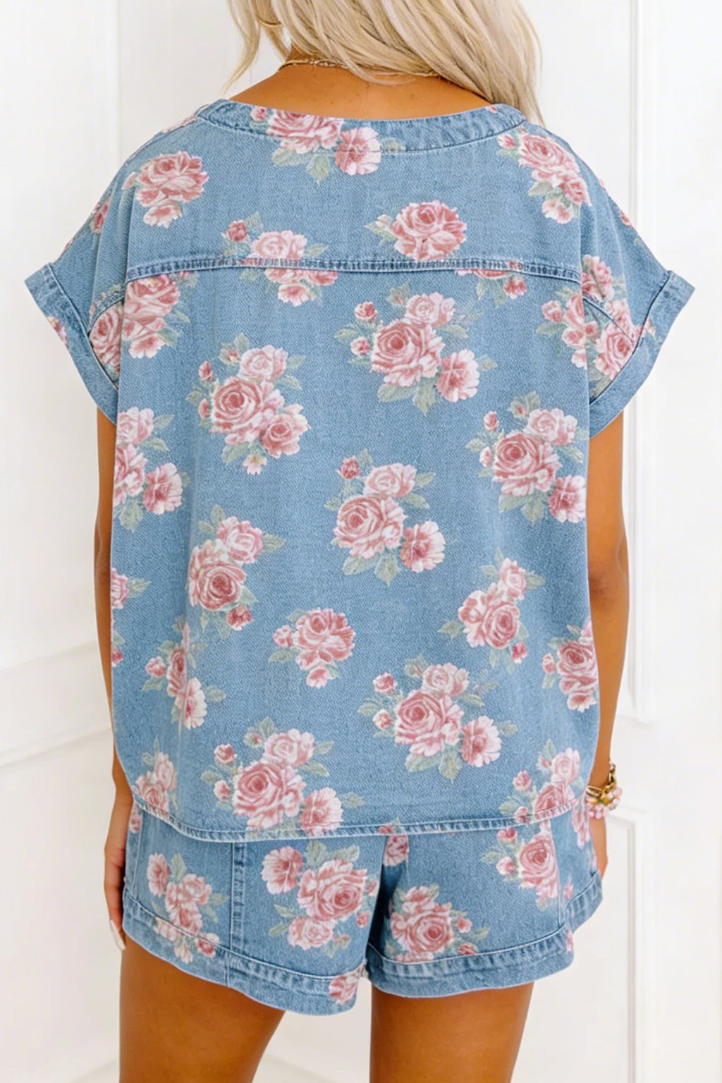 Sky Blue Floral Denim Loose Shorts 2pcs Set