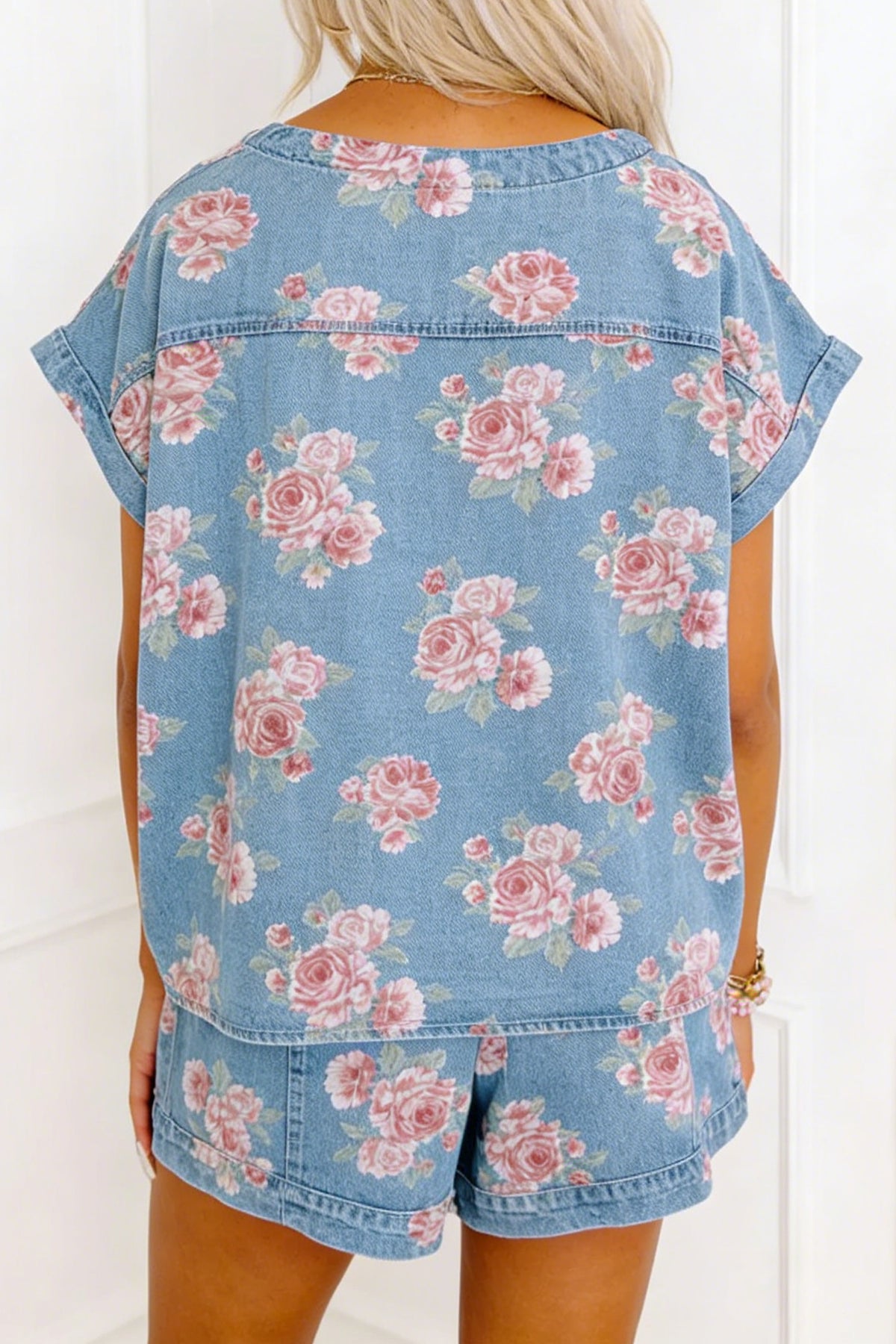 Sky Blue Floral Denim Loose Shorts 2pcs Set