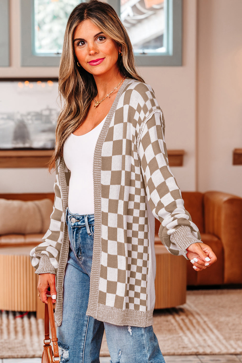 Checkered Open Front Drop Shoulder Cardigan