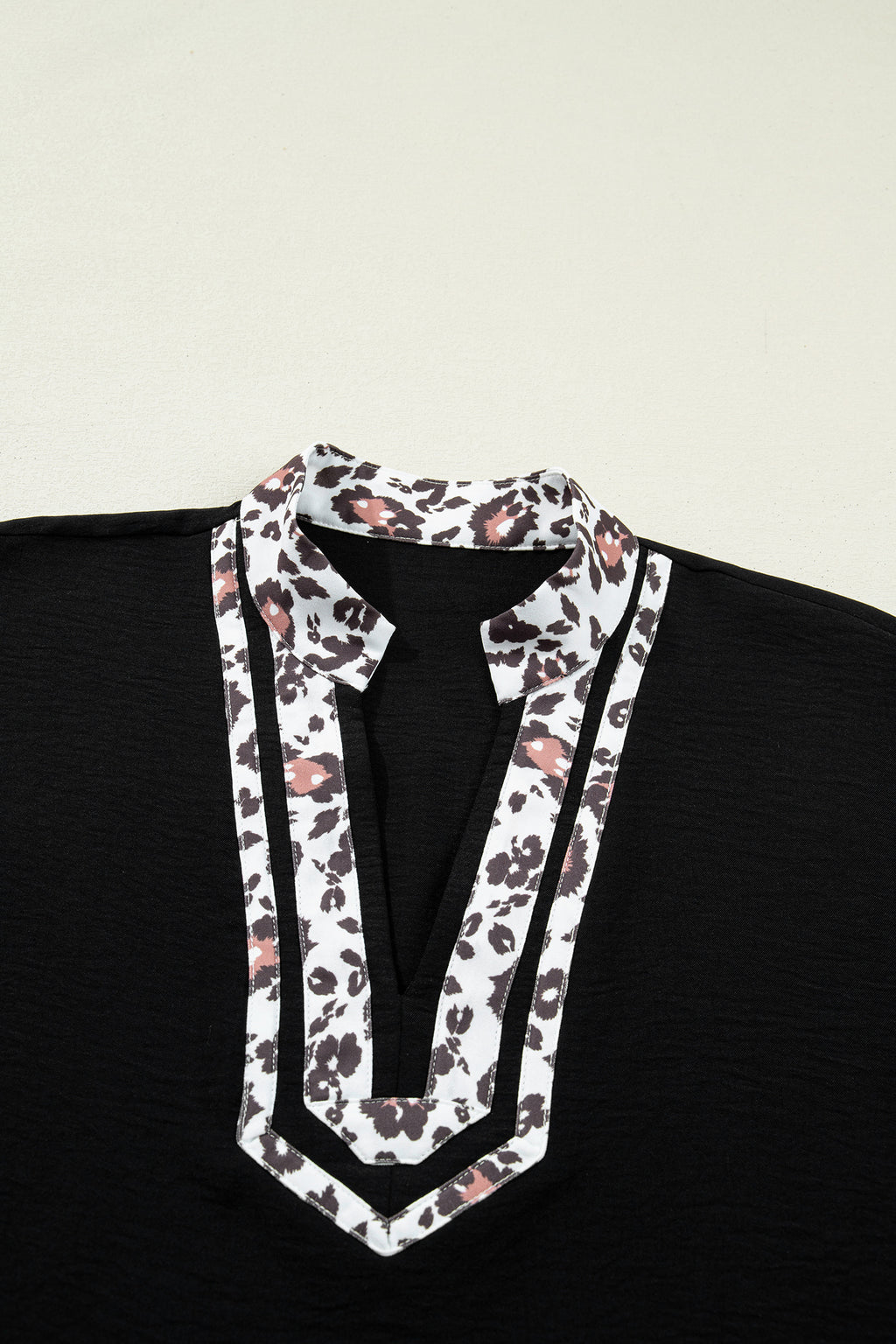 Leopard Patchwork Trim V Neck Blouse