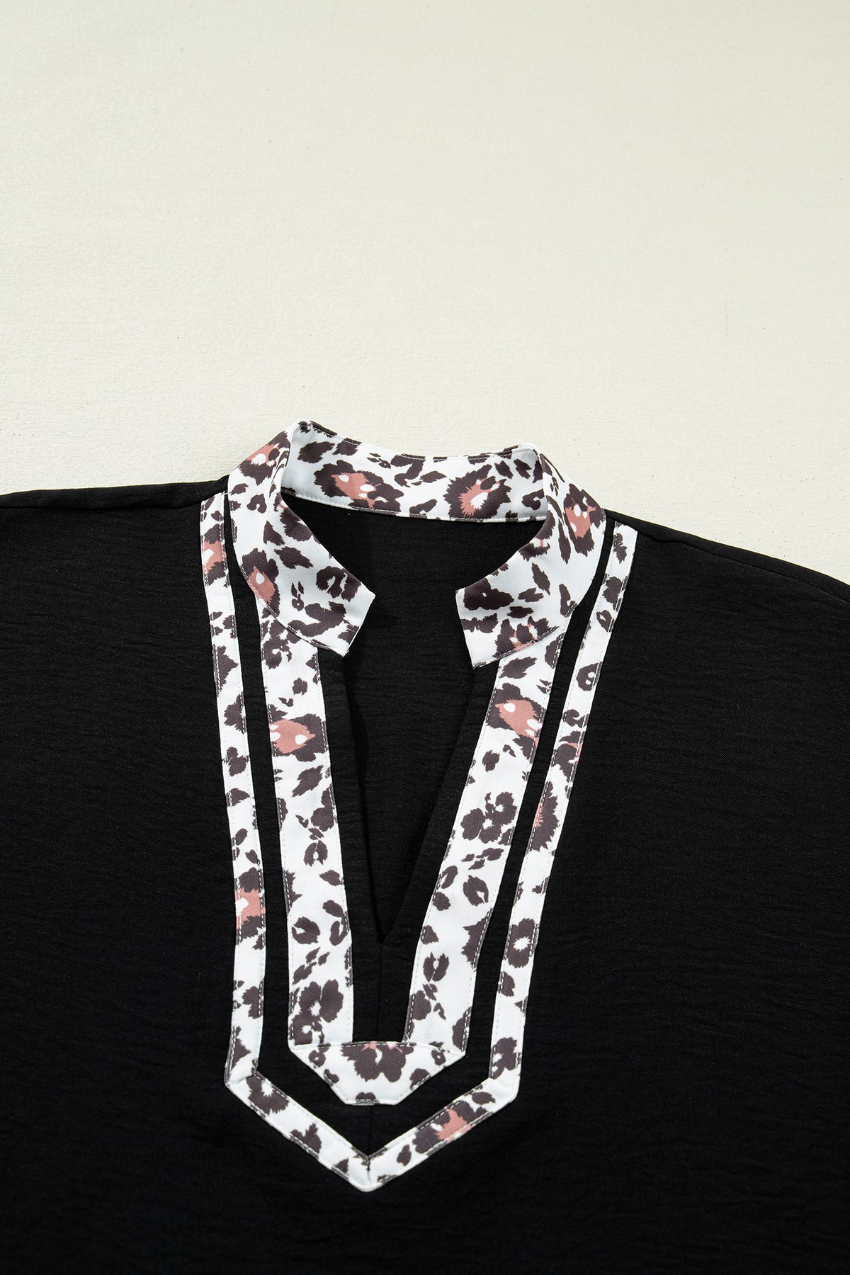 Leopard Patchwork Trim V Neck Blouse