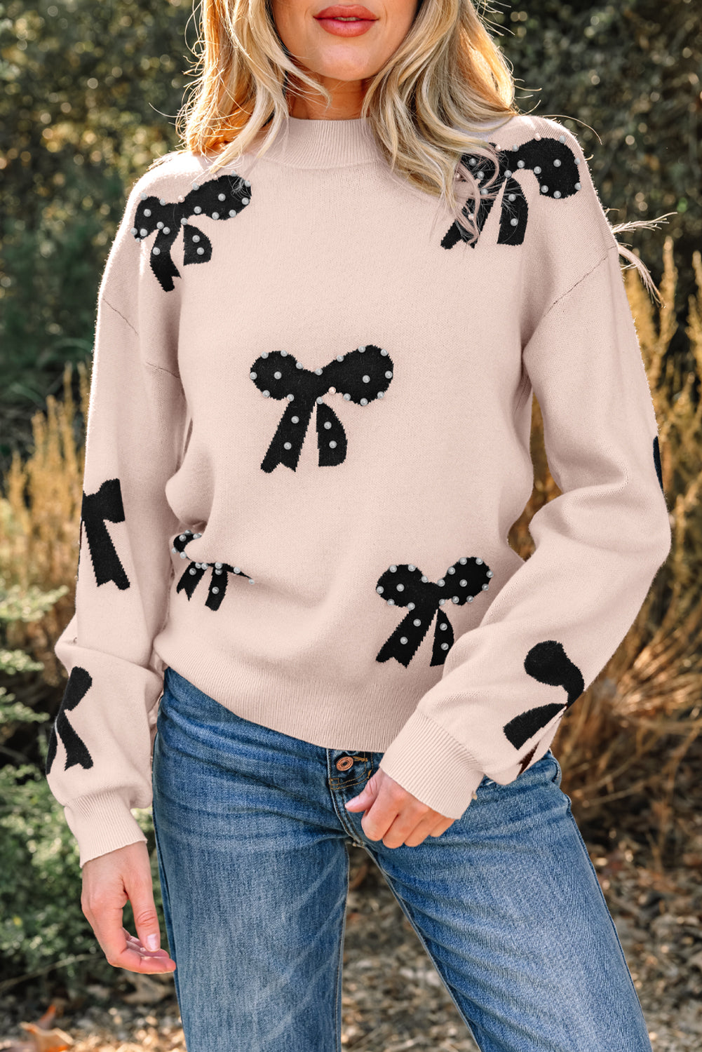 Pink Pearl Embellished Bow Pattern Sweater