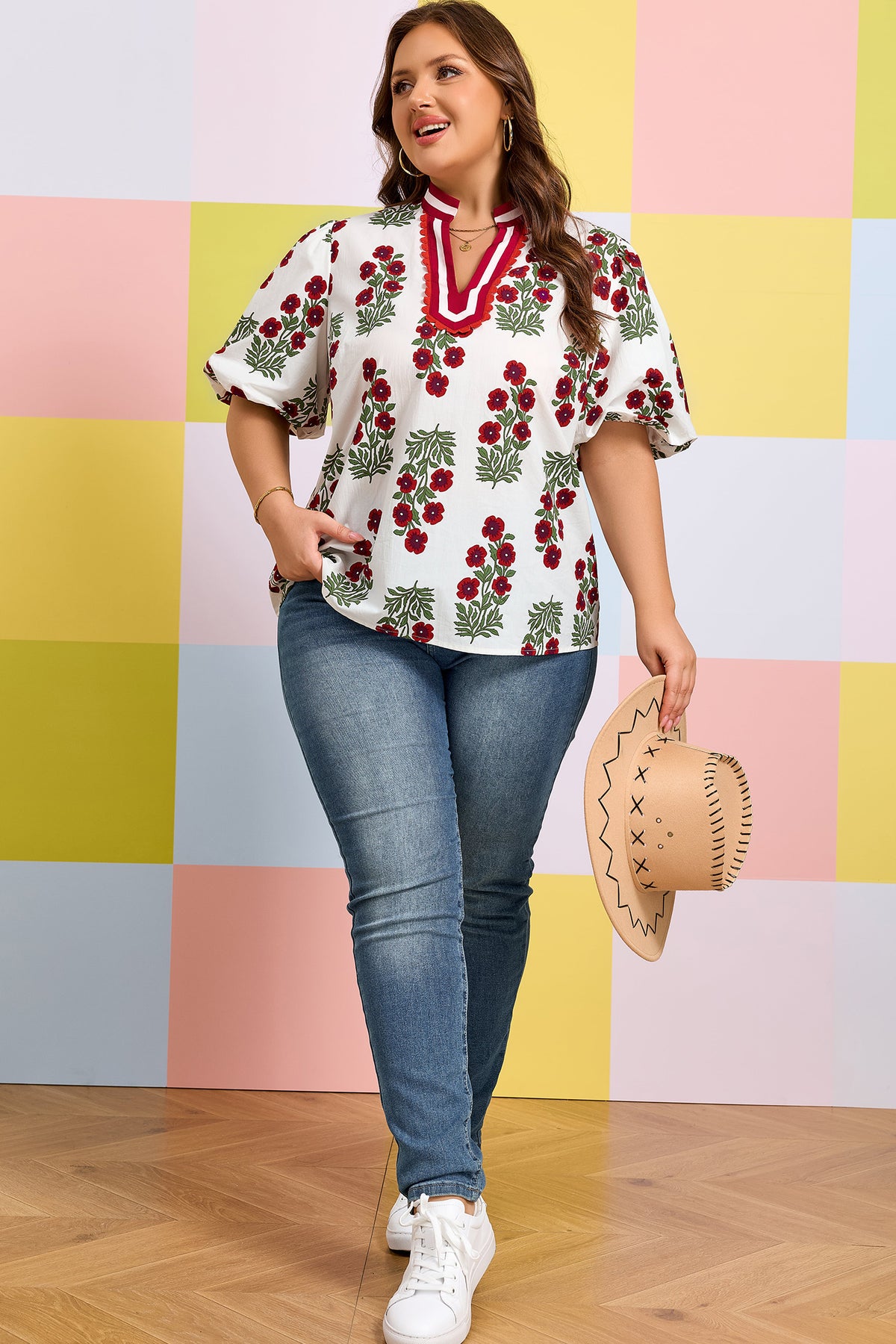 White Plus Size Floral Print Blouse