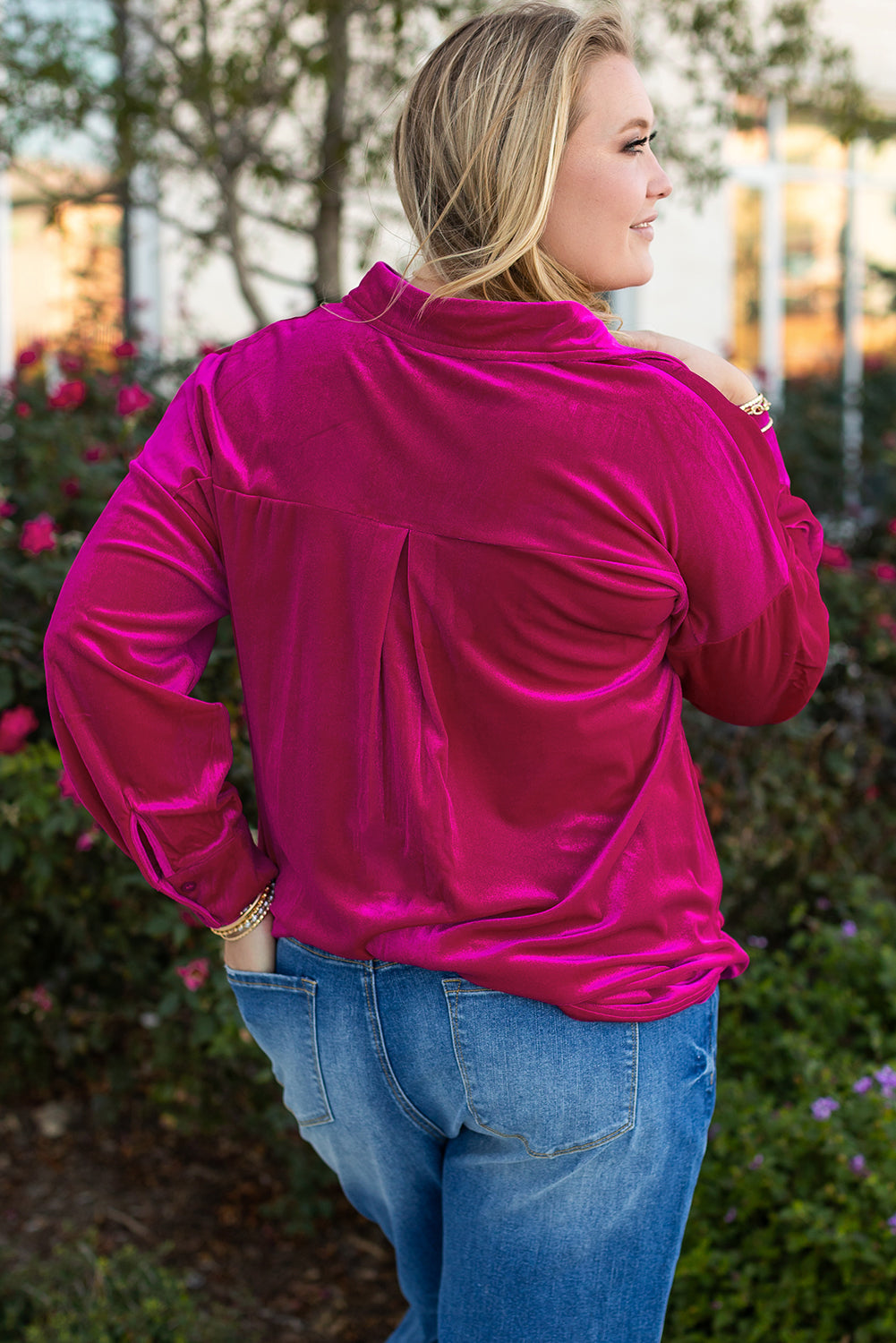 Bright Pink Plus Size Velvet Shirt