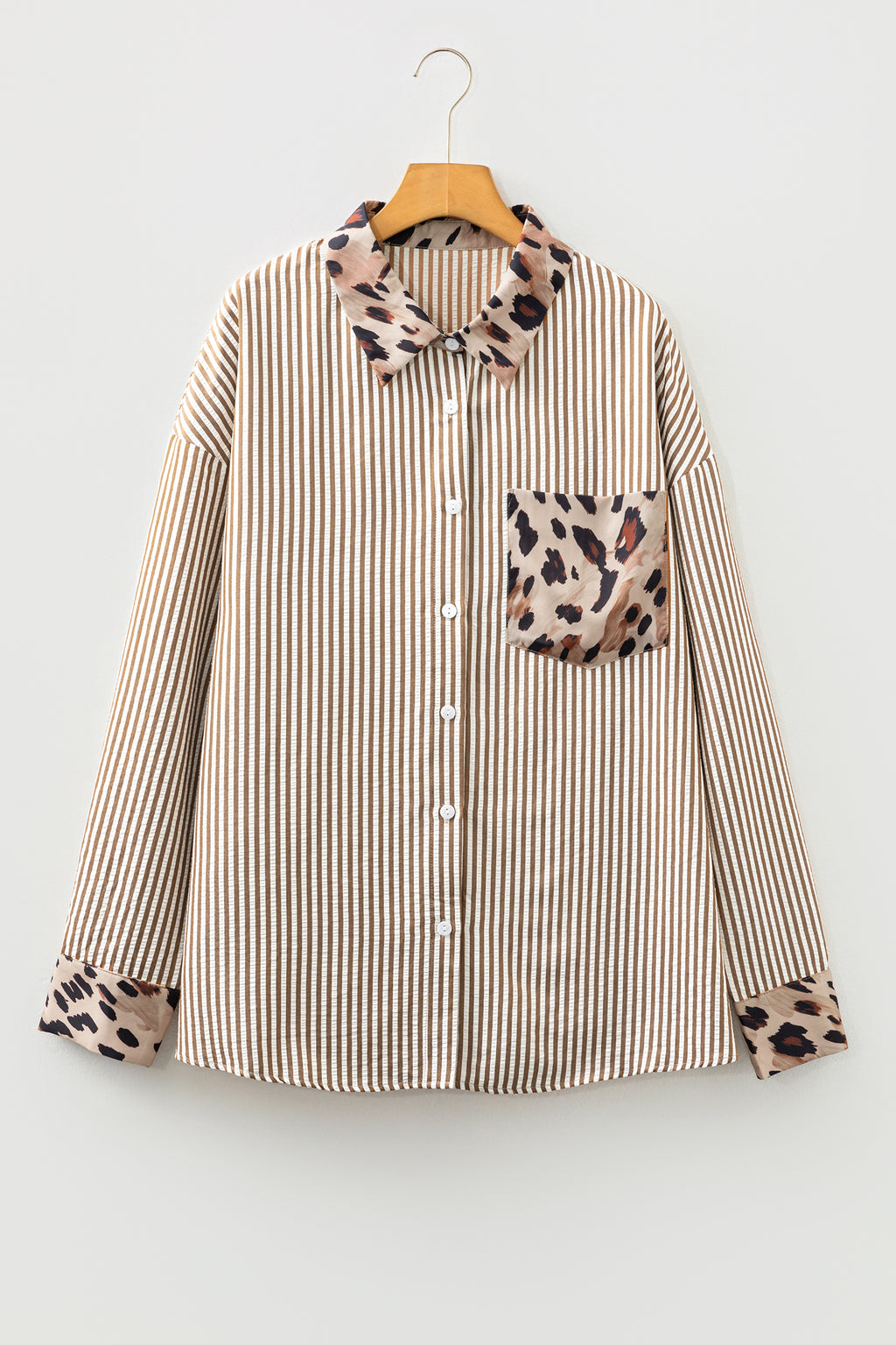 Plus Size Brown Stripe Leopard Patched Shirt