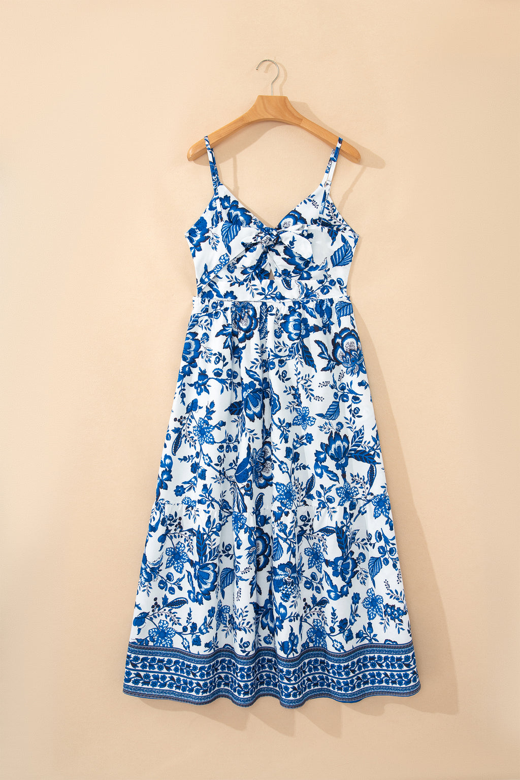 Sky Blue Spaghetti Straps Backless Floral Maxi Dress
