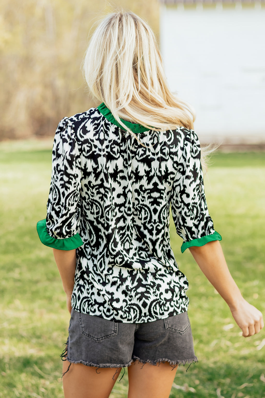 Green Damask Print Ruffled Blouse