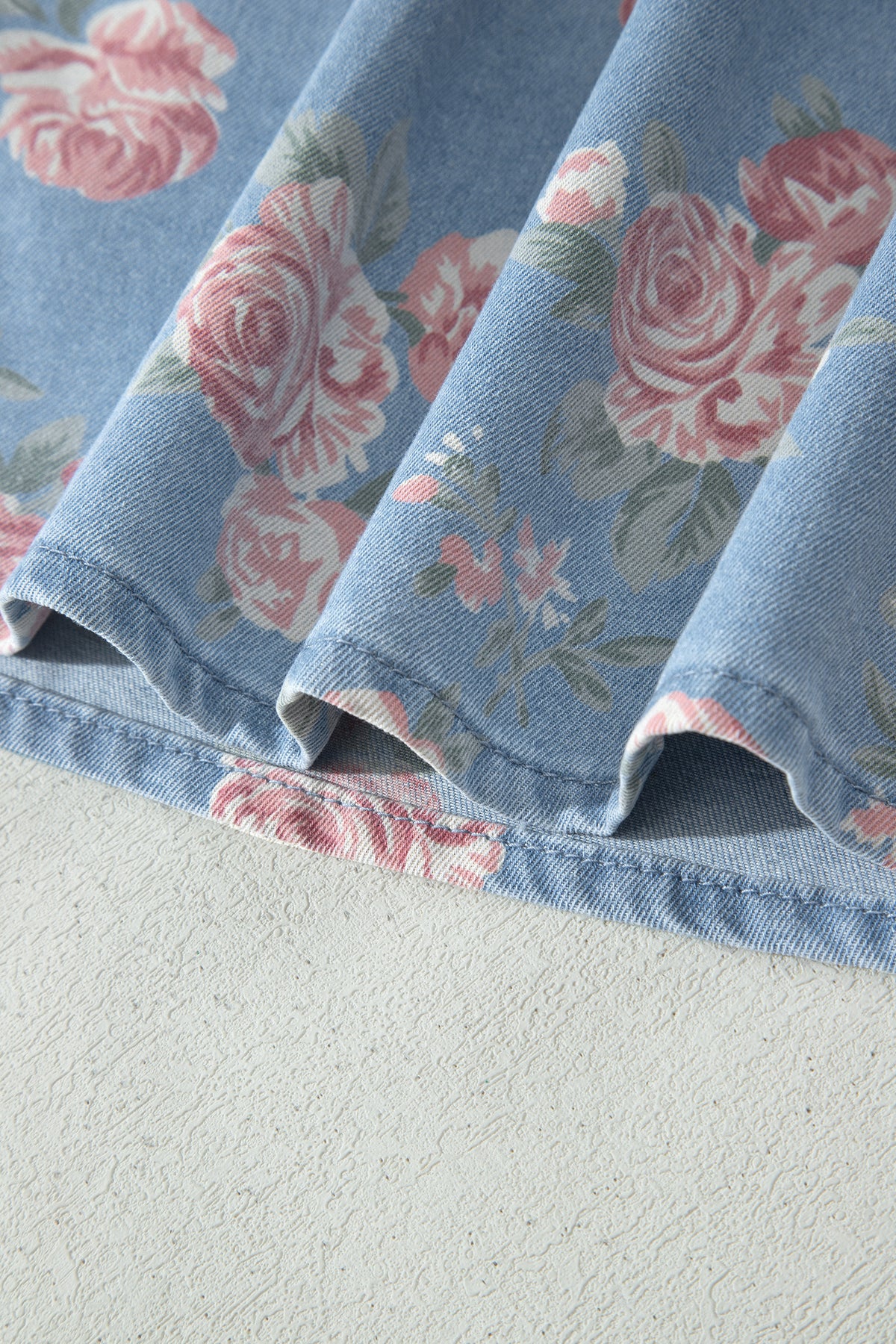 Sky Blue Floral Denim Loose Shorts 2pcs Set