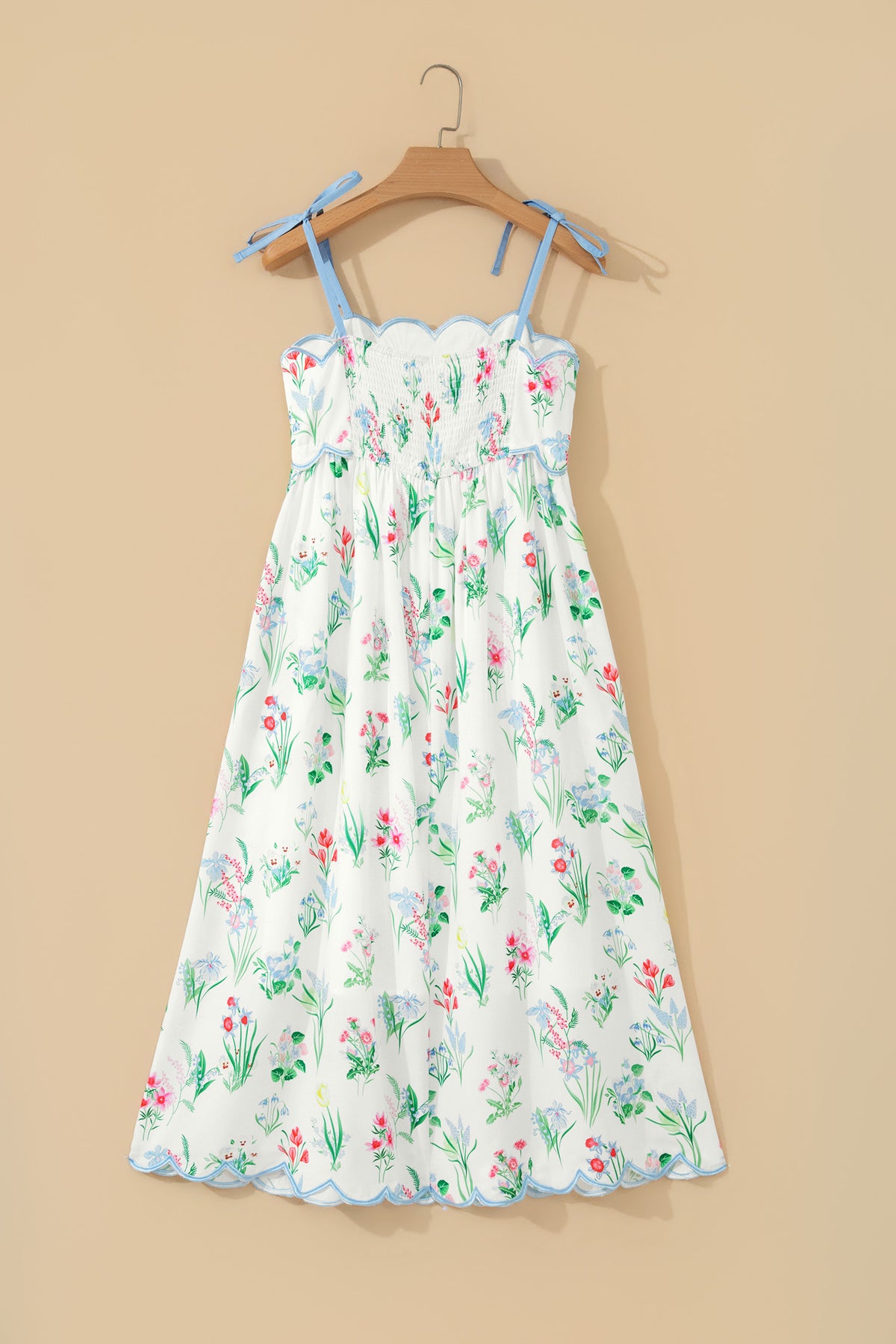 Floral Print Contrast Trim Self-tie Straps Dress