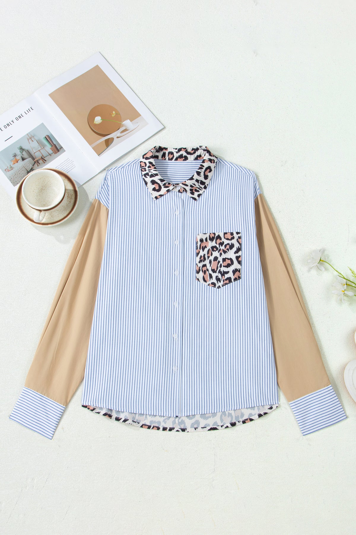 Sky Blue Stripe Leopard Patchwork Shirt