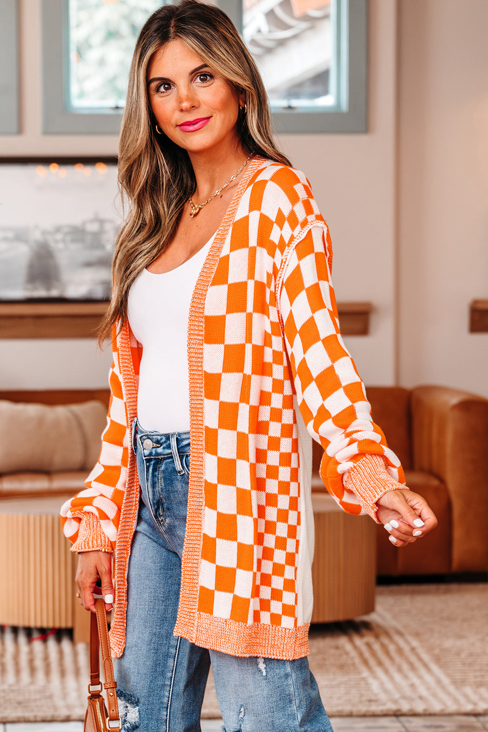 Checkered Open Front Drop Shoulder Cardigan