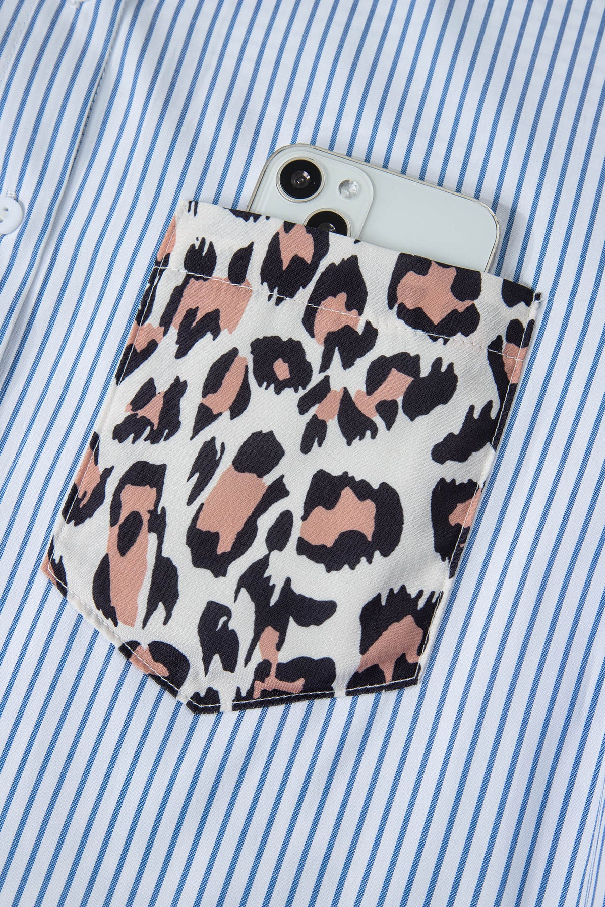 Sky Blue Stripe Leopard Patchwork Shirt