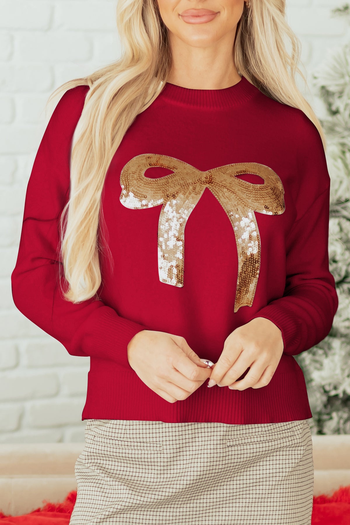 Red Sequined Bow Holiday Sweater
