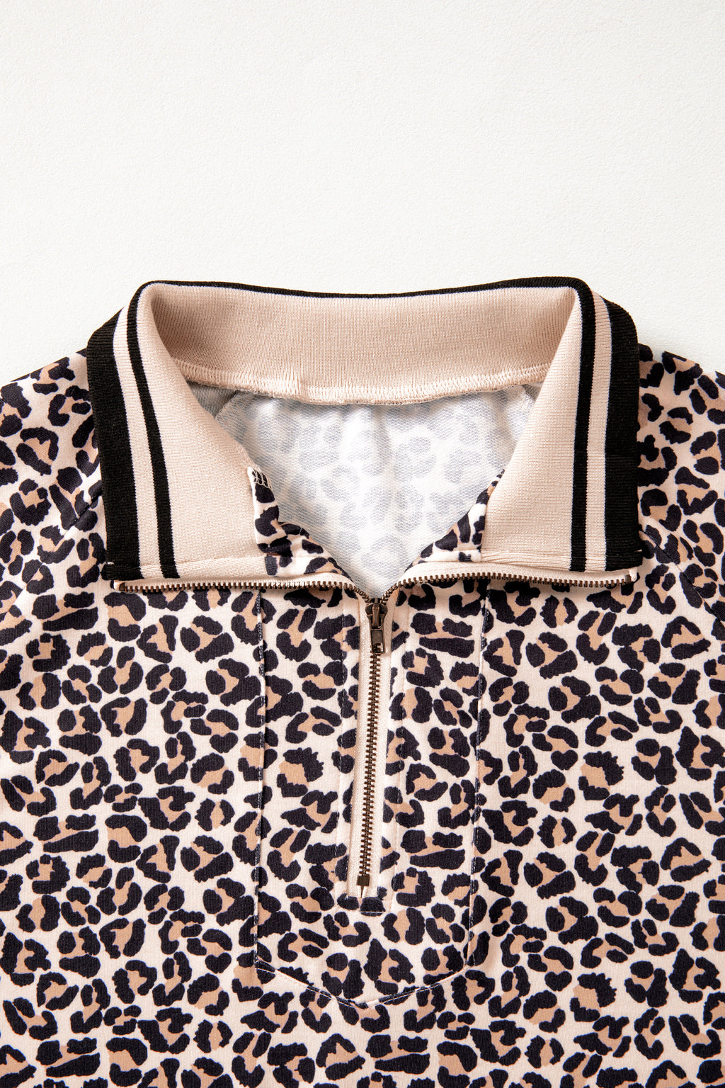 Khaki Leopard Print Half Zip Short Sleeve Top