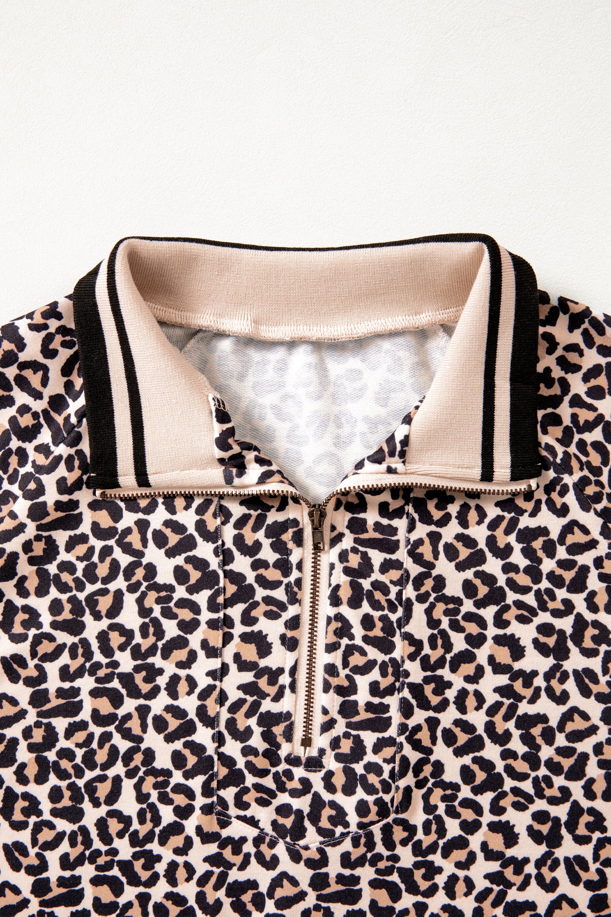 Khaki Leopard Print Half Zip Short Sleeve Top