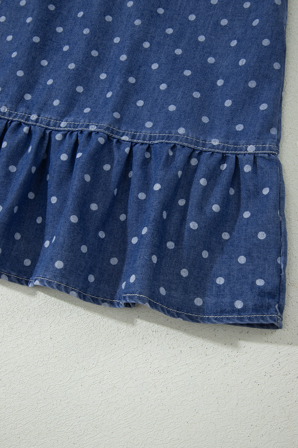 Blue Polka Dot Ruffle Hem Sleeveless Denim Dress