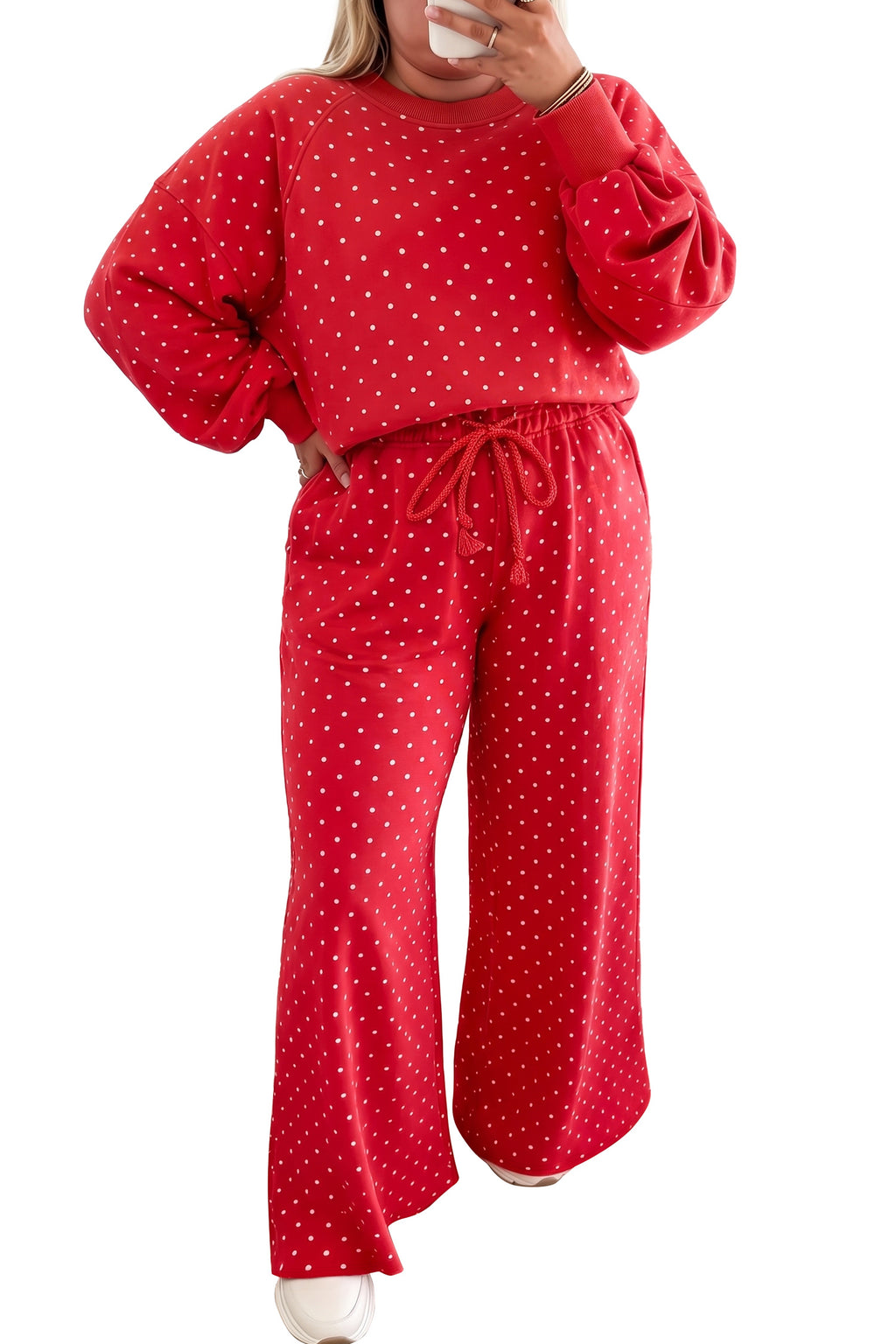 Brown Polka Dot Round Neck Long Sleeve Plus Size Set