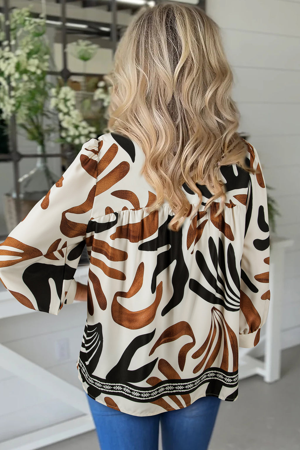 Brown Abstract Print Puff Sleeve Loose Blouse