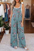 Floral Print Pleated Wide Leg Denim Jumpsuit