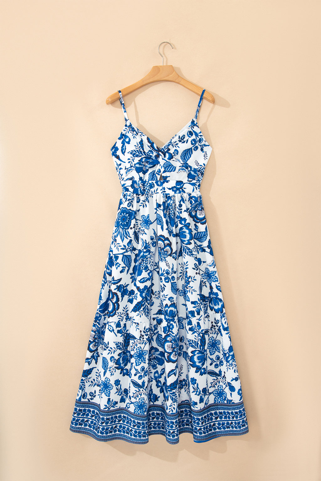 Sky Blue Spaghetti Straps Backless Floral Maxi Dress