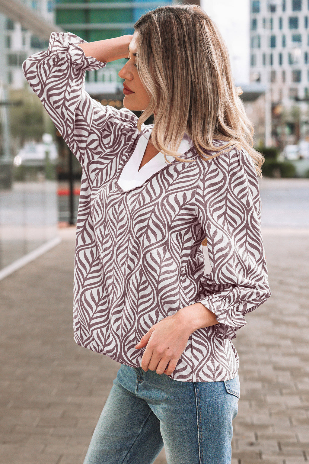 Brown Leaf Print Standing Collar Puff Sleeve Top