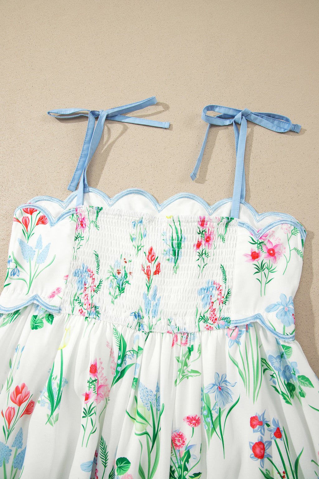 Floral Print Contrast Trim Self-tie Straps Dress
