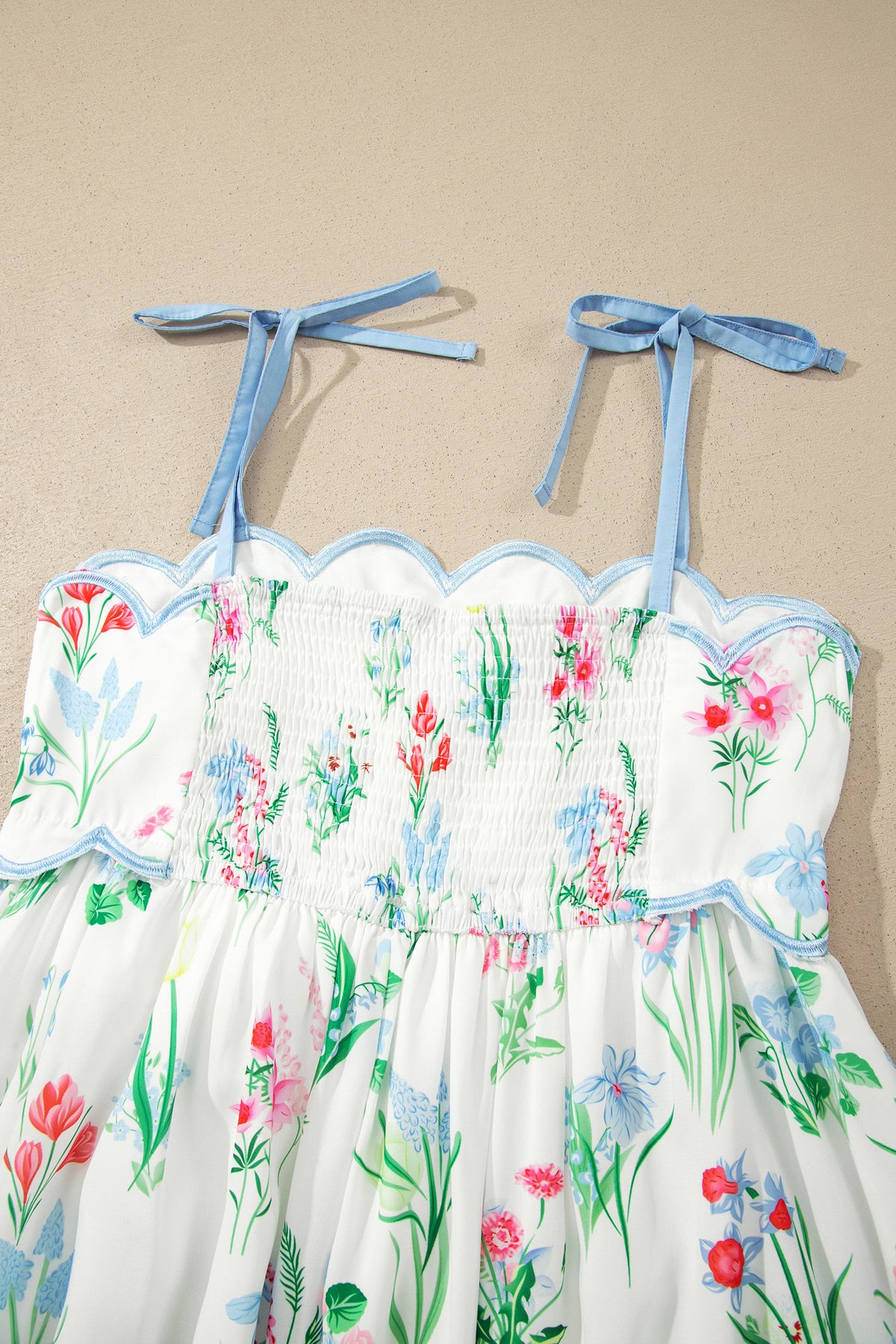 Floral Print Contrast Trim Self-tie Straps Dress