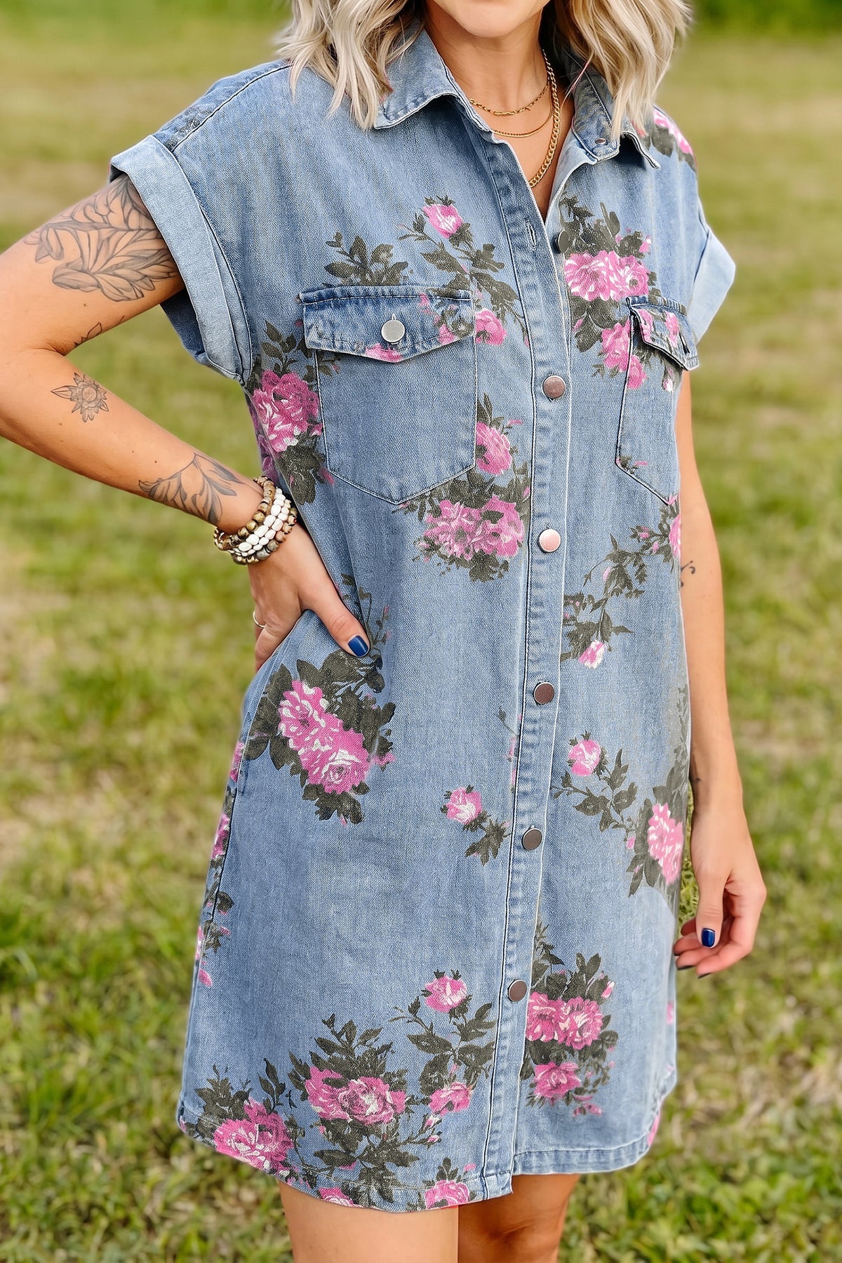 Denim Floral Print Button Down Shift Dress